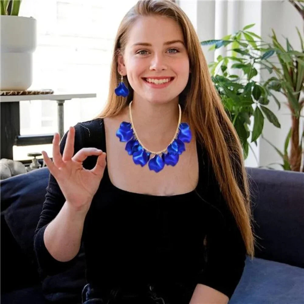 Blue Flower Petal Necklace Earrings Set Layered Statement Necklace Beaded